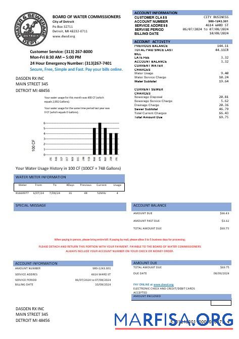 Printable United States Board of water commissioners water business utility bill in Word and PDF formats sample